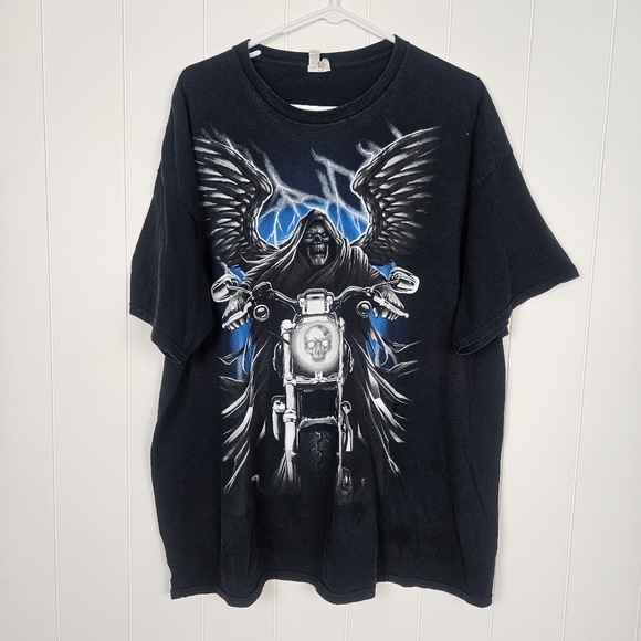 Gildan Other - Vintage Y2K Biker Skelton Grim Reaper Short Sleeve Shirt Black Blue Graphic XXL
